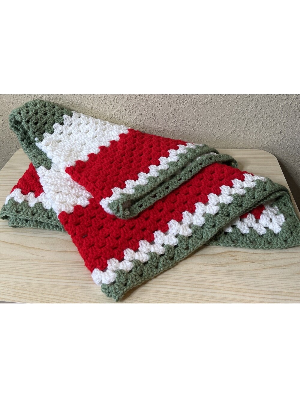 Handmade Crochet Afghan Lap Blanket Red Green White 38”x38” Square Excellent